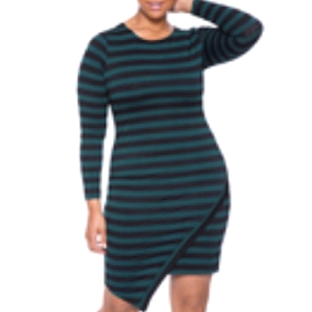 Eloquii Striped Green and Black Asymmetrical Dress
